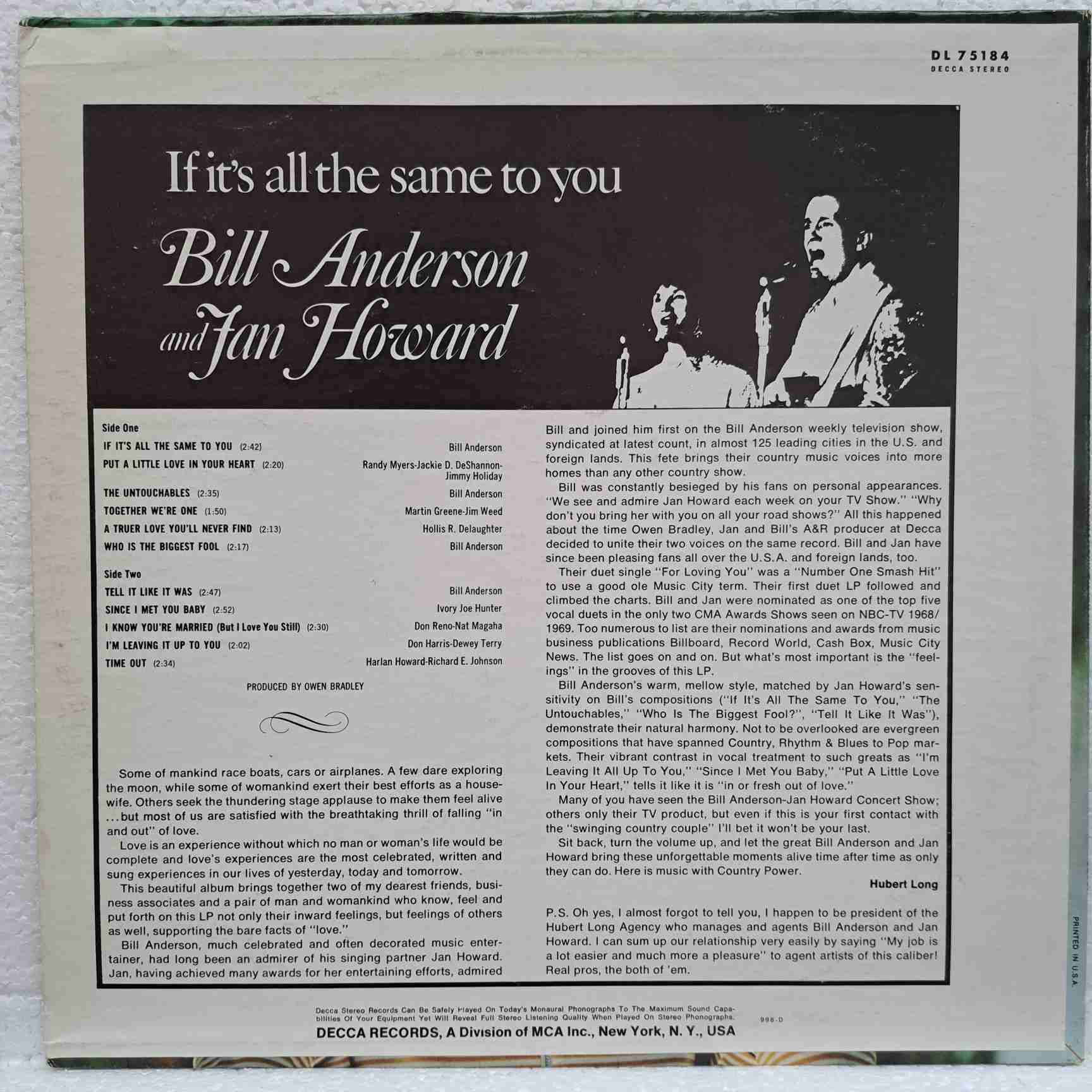 Bill Anderson And Jan Howard – If It's All The Same To You - Disc VINIL LP VG VG+ US - imagine 3