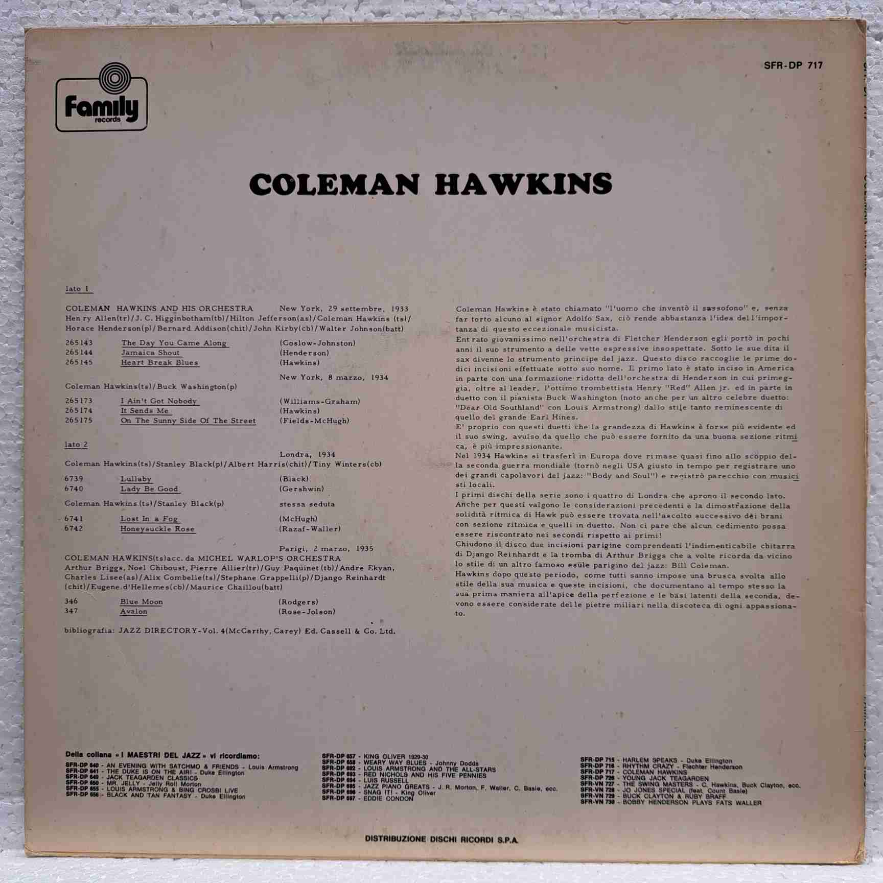 Coleman Hawkins – I Maestri Del Jazz: Coleman Hawkins - Disc VINIL LP VG VG+ - imagine 3