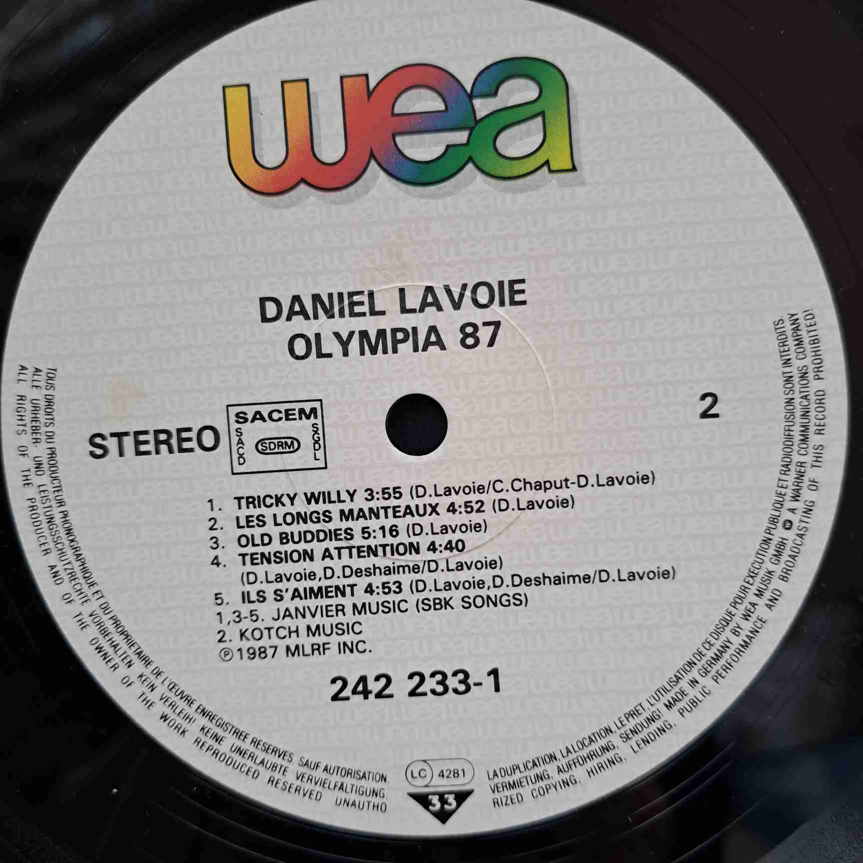 Daniel Lavoie – Olympia 87 - Disc VINIL LP VG+ - imagine 2