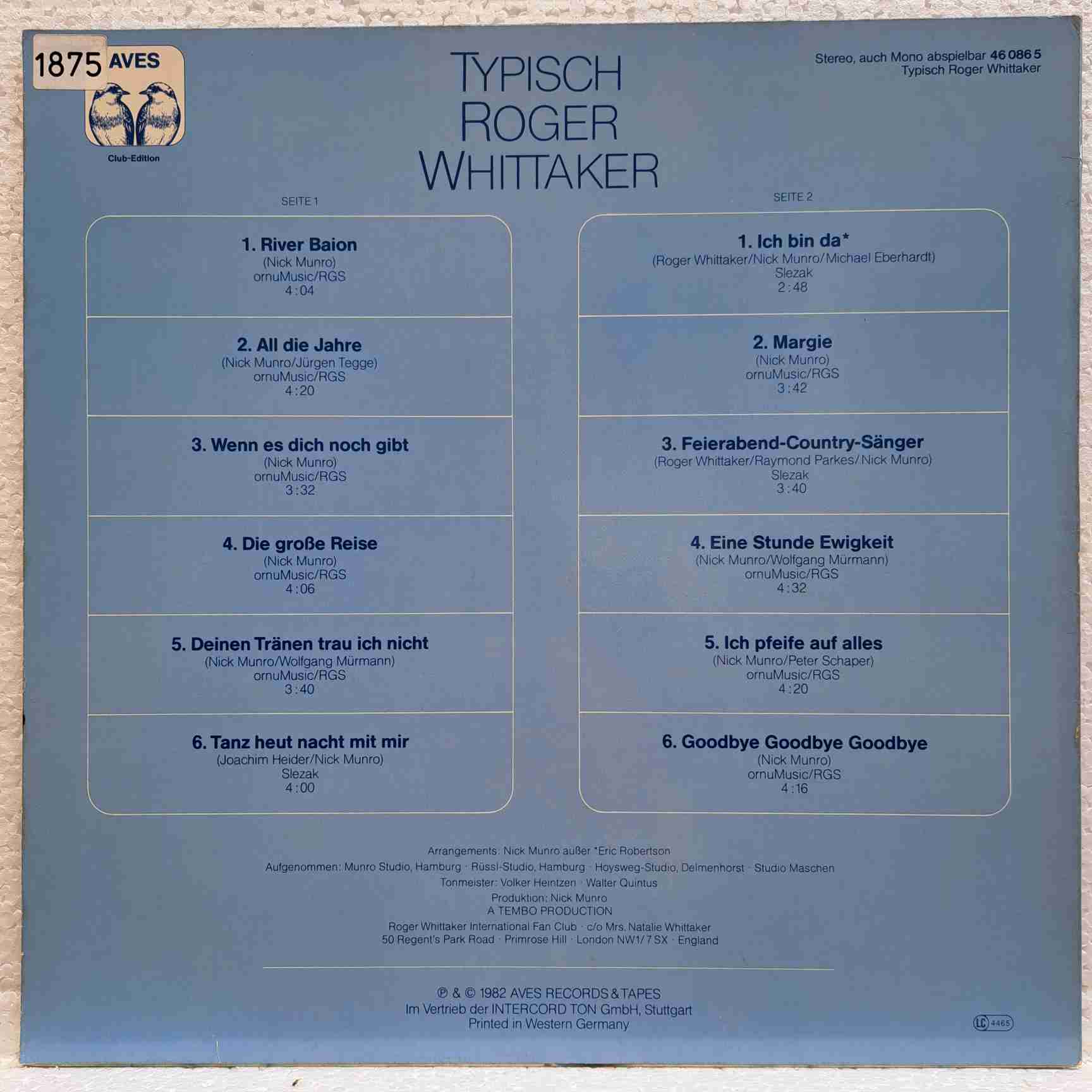 Roger Whittaker – Typisch Roger Whittaker - Disc VINIL LP VG+ - imagine 3