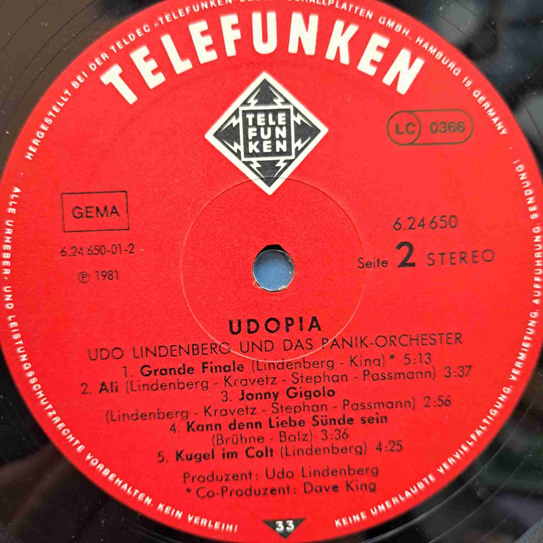 Udo Lindenberg & Panik Orchester – Udopia - Disc VINIL LP VG VG+ - imagine 2
