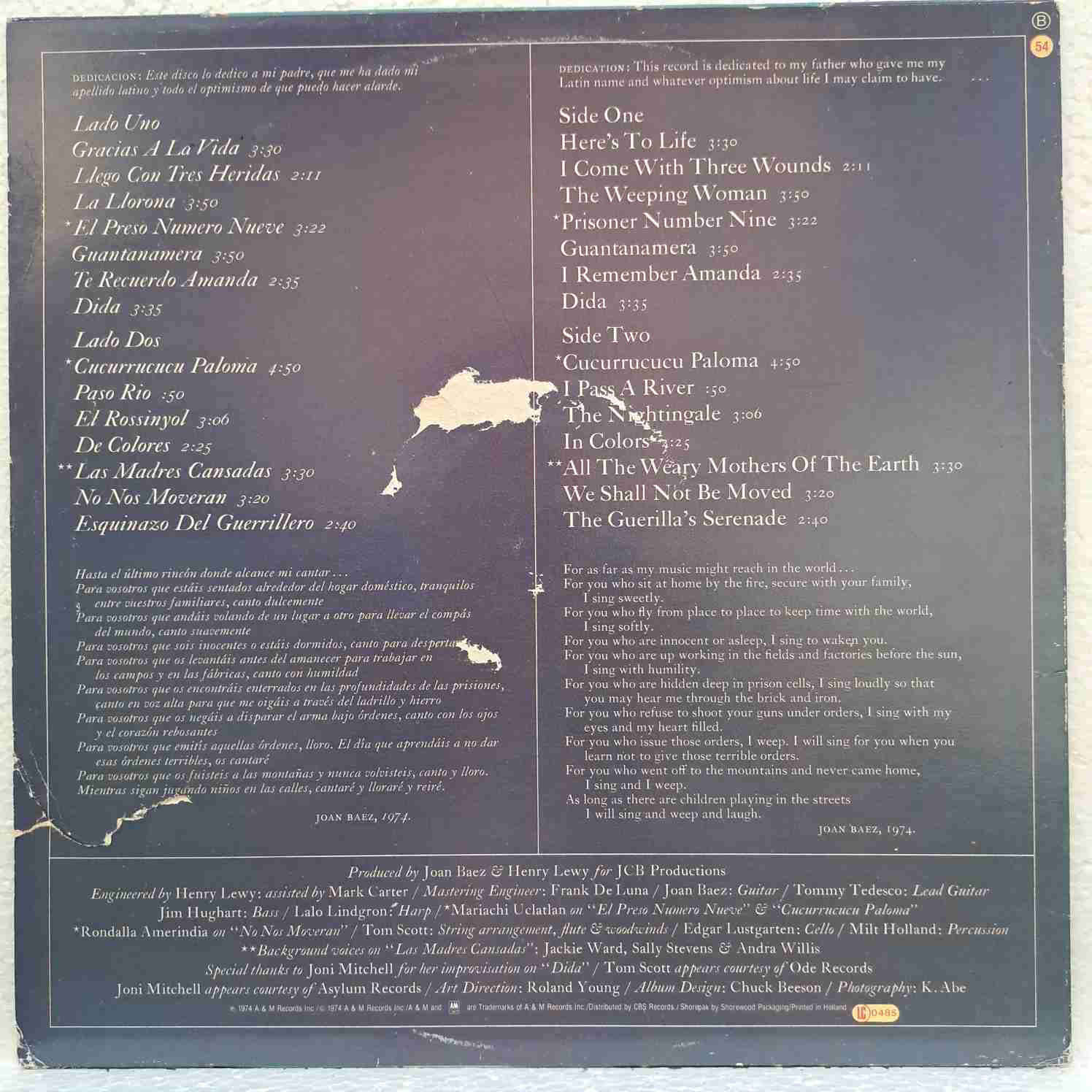 Joan Baez – Gracias A La Vida Here's To Life - Disc VINIL LP VG - imagine 3