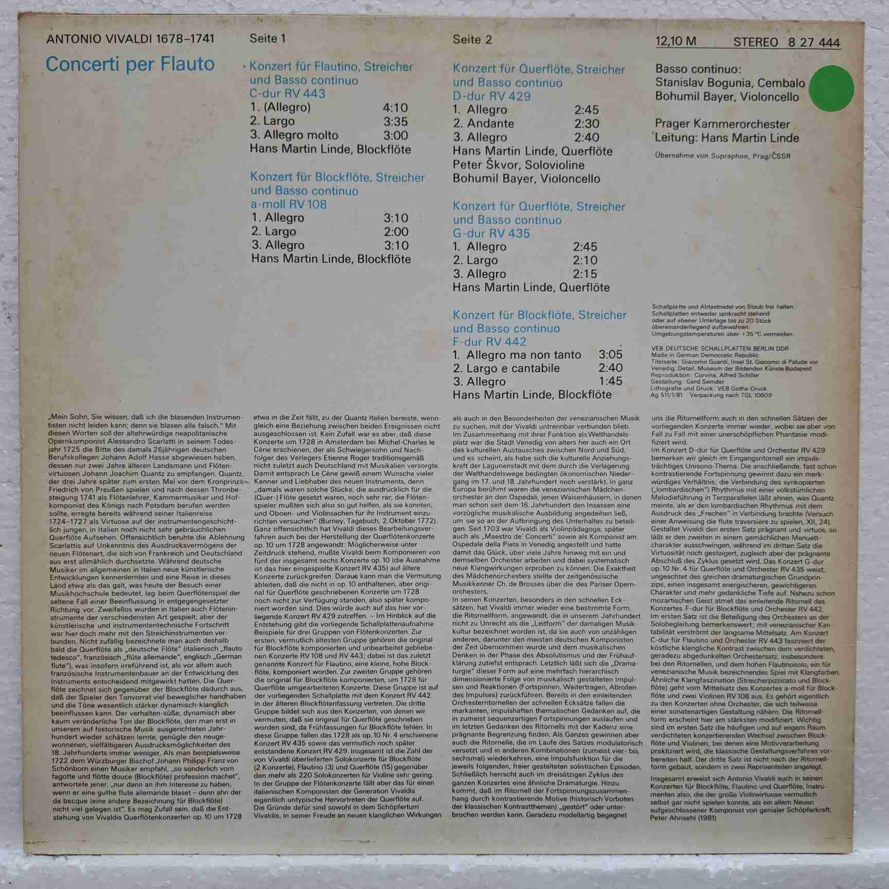Antonio Vivaldi, Hans Martin Linde, Prager Kammerorchester – Concerti Per Flauto - Disc VINIL LP VG VG+ - imagine 3