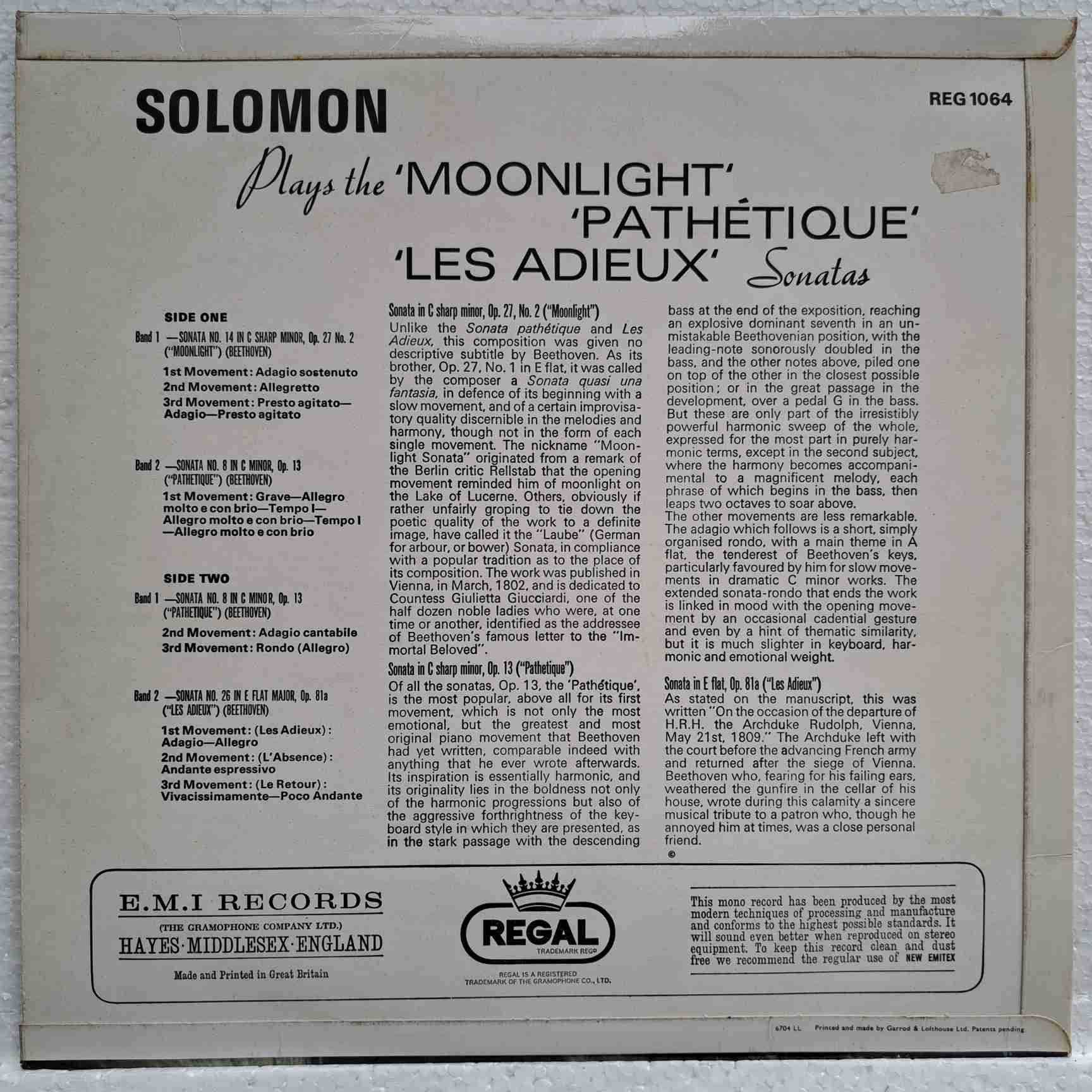 Solomon – Beethoven Sonatas - Disc VINIL LP VG+ - imagine 3