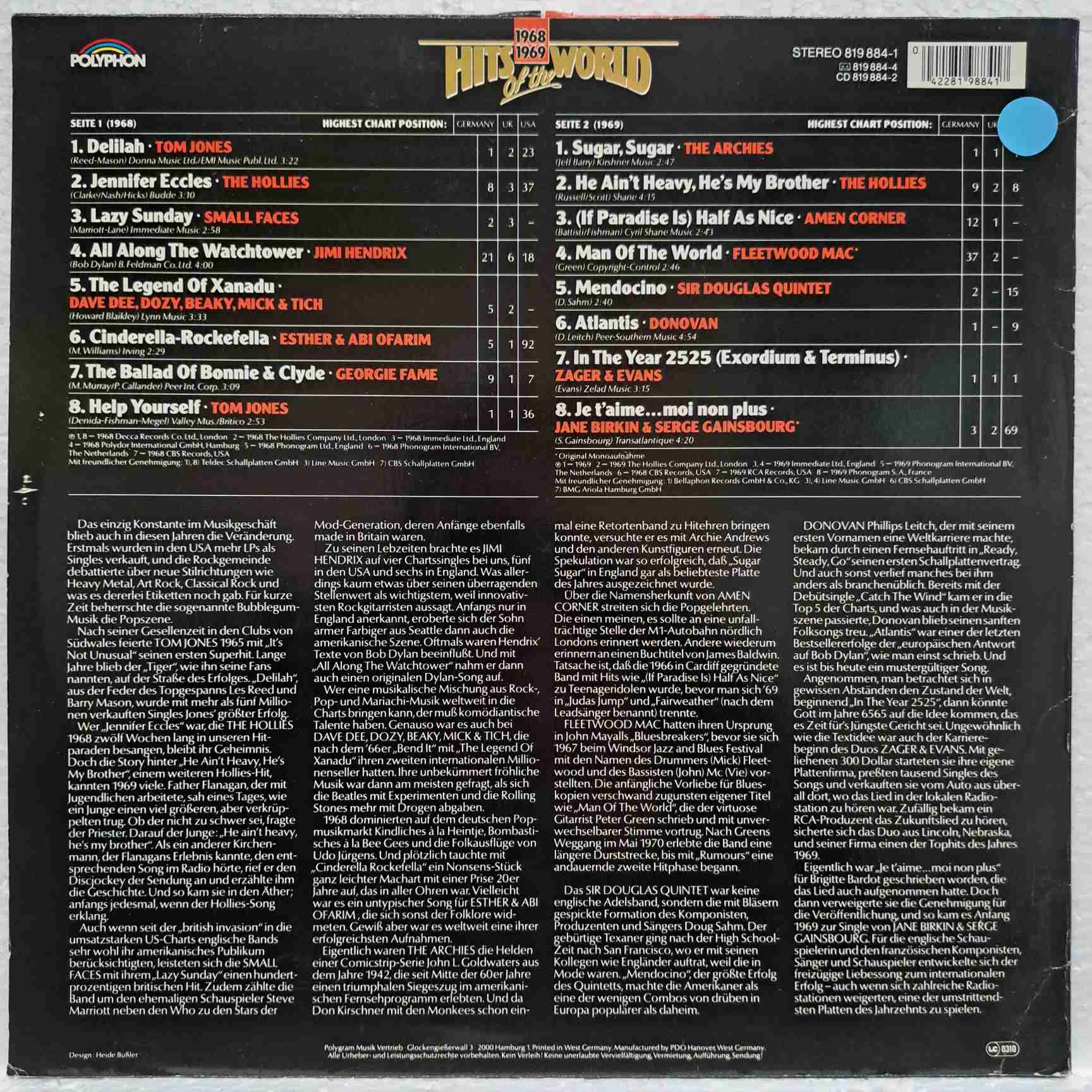 Hits Of The World 1968/1969 - Tom Jones, Jimi Hendrix, Fleetwood Mac, The Hollies - Disc Vinil LP VG - imagine 3