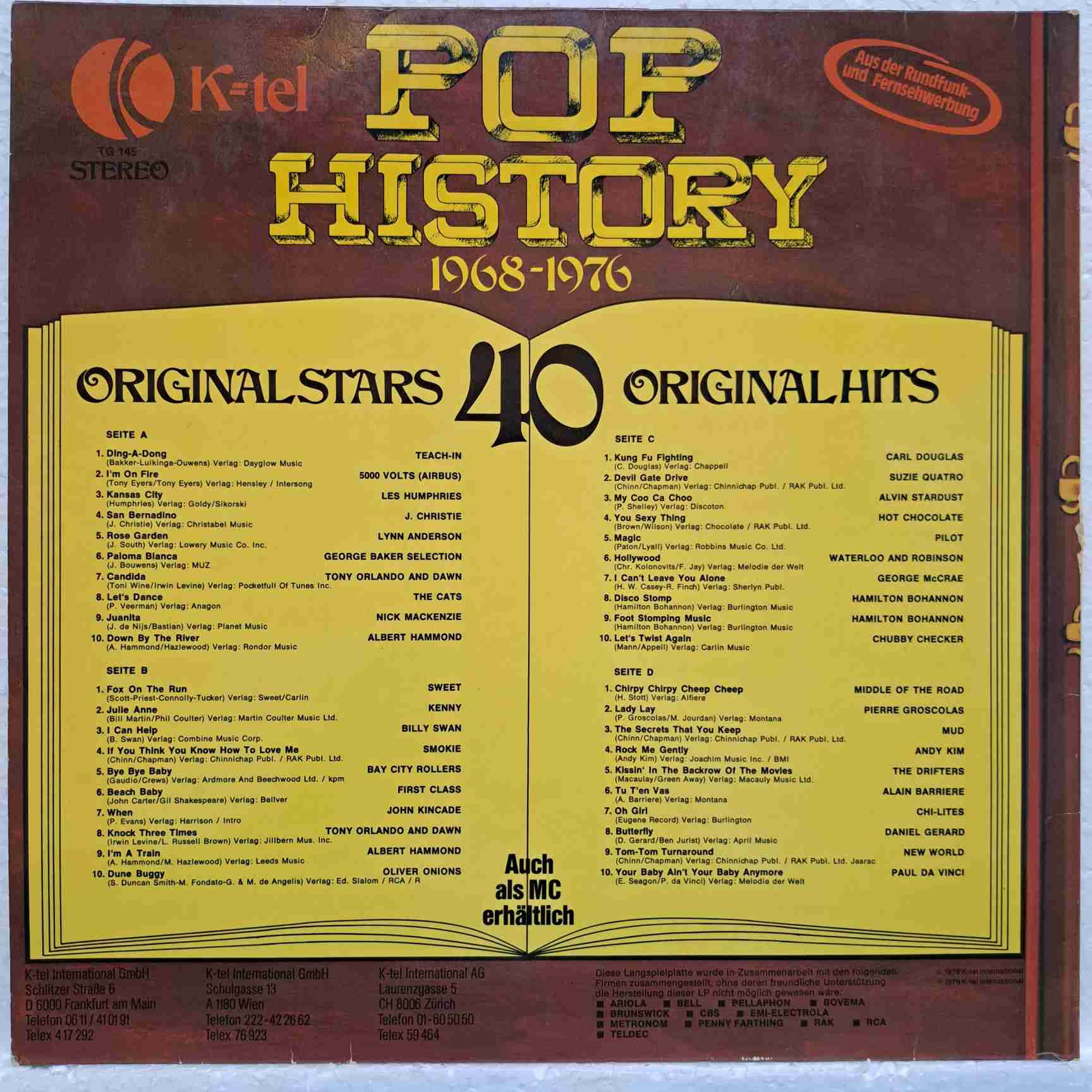 K-tel Pop History 1968-1976 - Sweet, Hot Chocolate, Tony Orlando And Dawn, Carl Douglas, Bay City Rollers - Disc Vinil 2LP VG - imagine 4