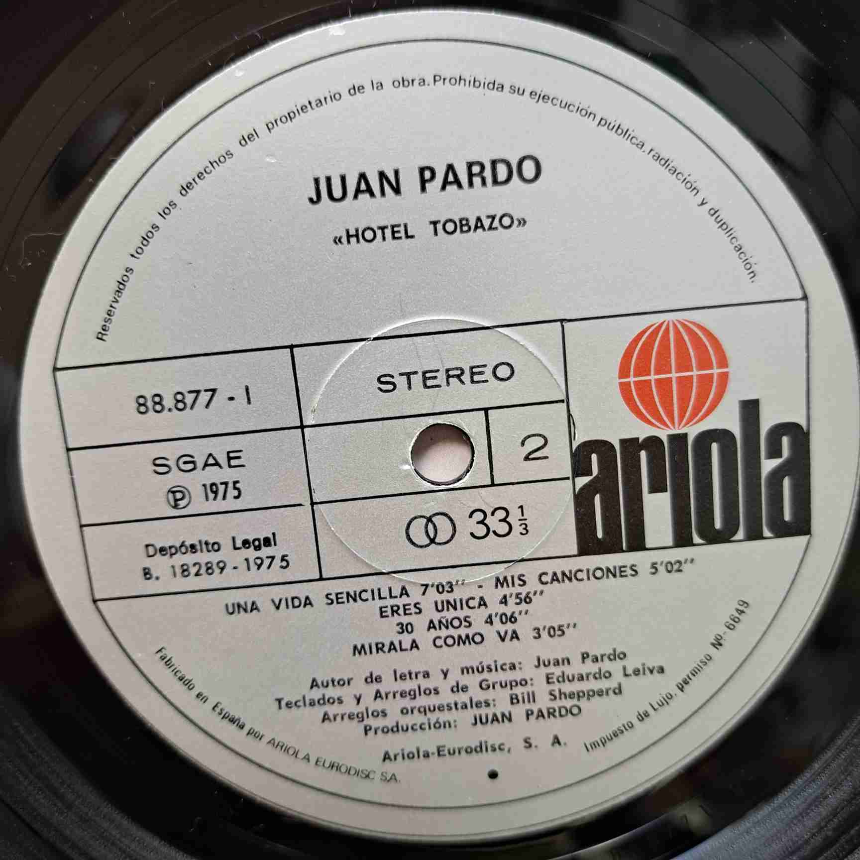 Juan Pardo – Hotel Tobazo - Disc VINIL LP EX - imagine 2